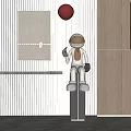 Modern Astronaut Sculpture with White Body Gold Helmet and Brown Accents on Wooden Wall Background