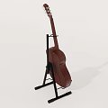 Two Acoustic Guitars With White And Brown Bodies On Black Stands Against White Background