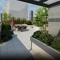 Rooftop Garden with Outdoor Furniture Green Plants and City Skyline View