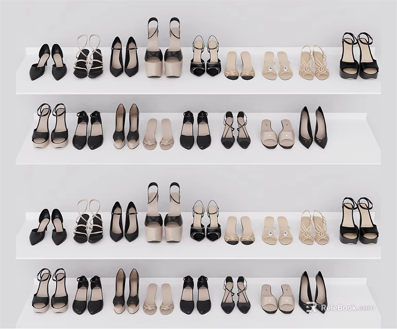 Neatly Arranged Various Style Shoes Displayed On White Multi Layer Shelves 3d model 