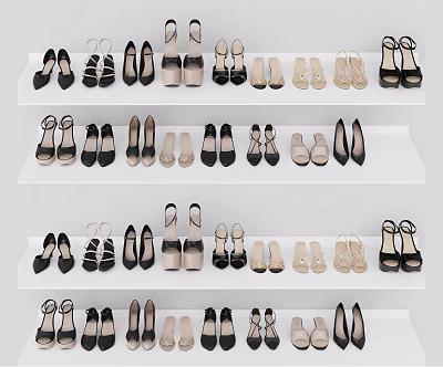 Neatly Arranged Various Style Shoes Displayed On White Multi Layer Shelves 3d model