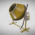 Yellow Construction Concrete Mixer On Metal Stand With Wheel And Shovel