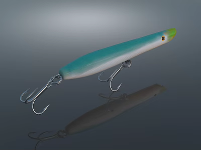Long Blue Green White Fishing Lure With Green Head And Treble Hooks 3d model