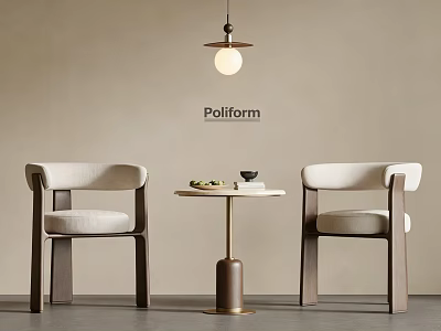Poliform Interior With Round Table And Beige Padded Wooden Frame Chairs And Hanging Lamp 3d model