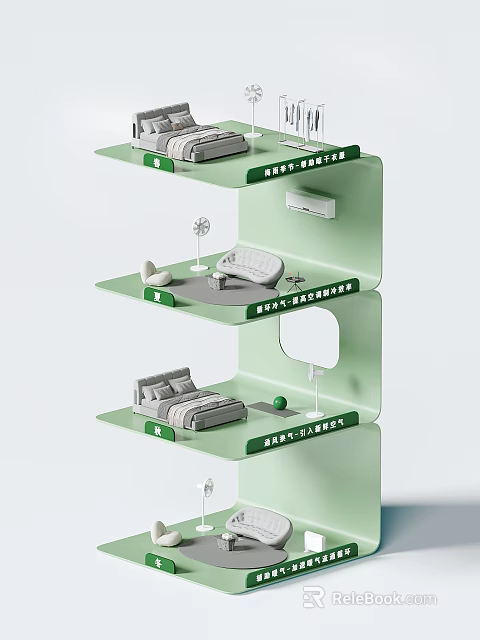 Green Multi Layer Display Shelf With Sofa Bed Fan Furniture Models And MAX SAMPLE Labels 3d model
