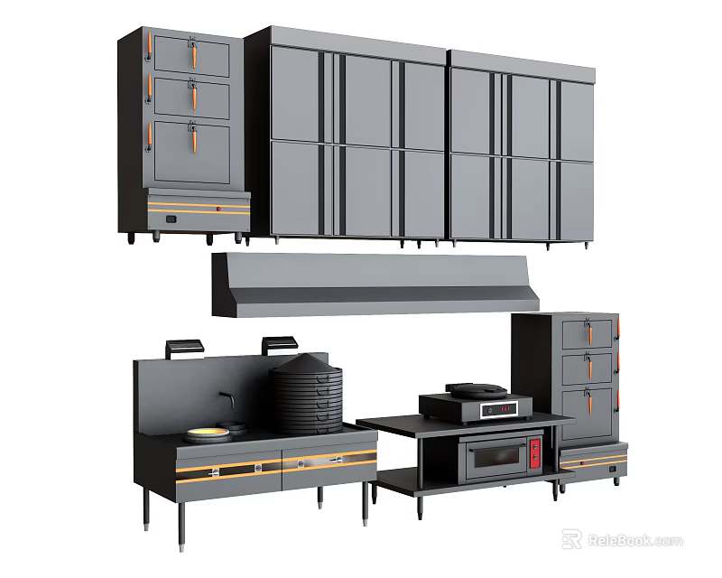 Modern Kitchen With Dark Cabinets Gold Accents Range Hood And Built In Appliances 3d model 