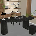 Modern Wooden Desk And Chair Set With Round Table Lamp Laptop Coffee Cup Green Plant