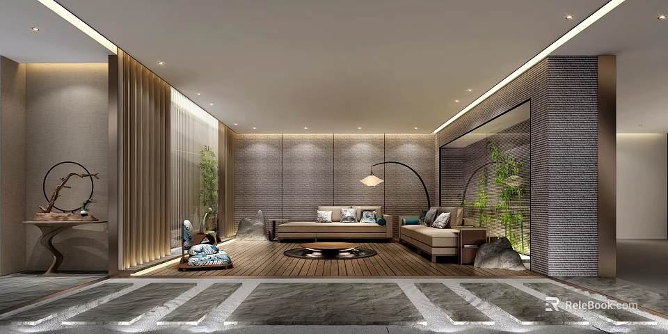 Modern Basement Interior Design With Sofa Rug Floor Lamp Plants And Stone Walls 3d model 