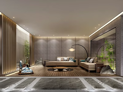 Modern Basement Interior Design With Sofa Rug Floor Lamp Plants And Stone Walls 3d model