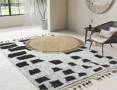 Square Rug with Black White Geometric Design Round Beige Center Tassel Edges Modern Living Room 3d model