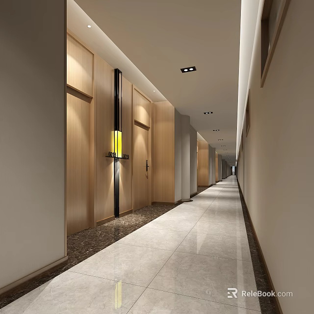 Modern Hotel Corridor Interior With Wooden Doors Recessed Ceiling Lights And Marble Floor 3d model 