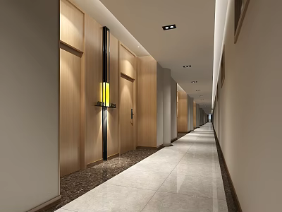 Modern Hotel Corridor Interior With Wooden Doors Recessed Ceiling Lights And Marble Floor 3d model