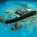 Sunken Ship Wreckage On Ocean Floor With Rocks And Divers Exploring 3d model