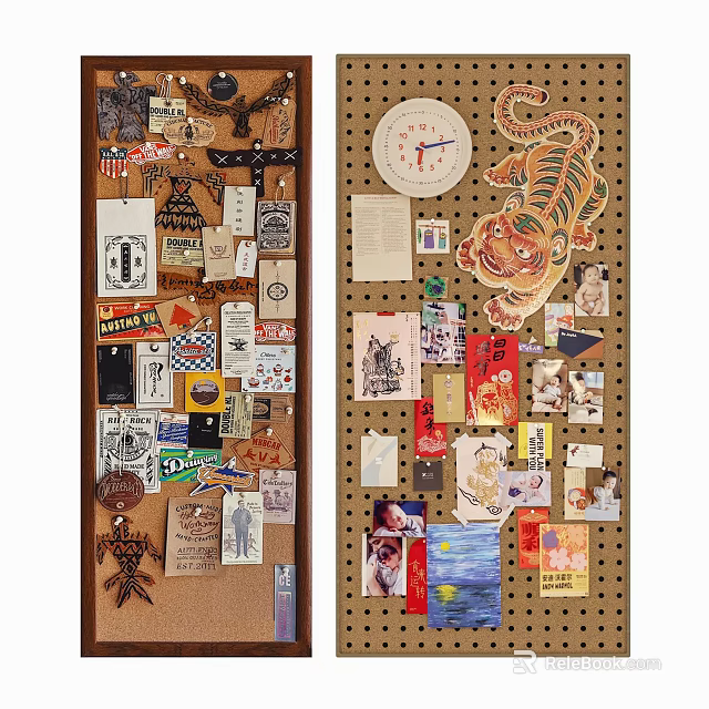Various Decorative Wall Hangings On Corkboards 3d model 