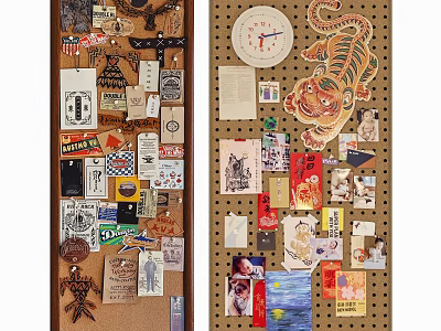 Various Decorative Wall Hangings On Corkboards 3d model