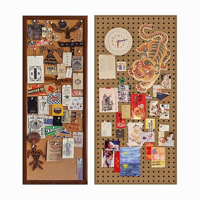 Various Decorative Wall Hangings On Corkboards 3d model