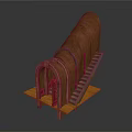 Detailed Brown Cylindrical Structure With Arched Doorway Staircase And Wooden Platform