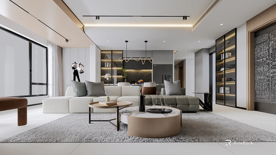 Modern Living Dining Room Interior With Light Sofa Round Coffee Tables Rug And Display Shelves 3d model 