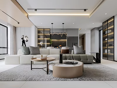 Modern Living Dining Room Interior With Light Sofa Round Coffee Tables Rug And Display Shelves 3d model