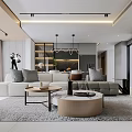 Modern Living Dining Room Interior With Light Sofa Round Coffee Tables Rug And Display Shelves