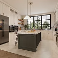 Modern Kitchen Interior With White Cabinets Dark Green Island Stainless Steel Appliances And Large Windows