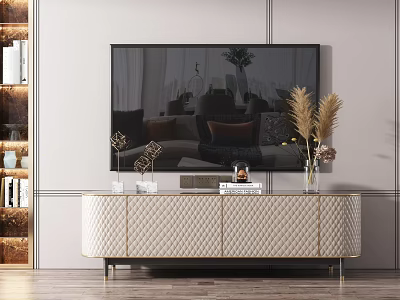 Elegant Modern Living Room TV Stand With Metal Legs Upholstered Design And Decorative Vase Books 3d model