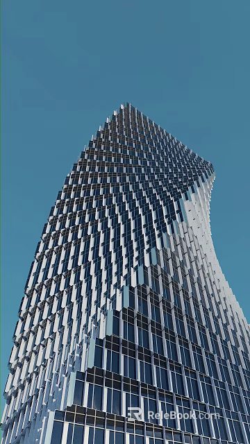 Modern Tall Office Building With Glass Curtain Walls And Unique Curved Structure Against Blue Sky 3d model 