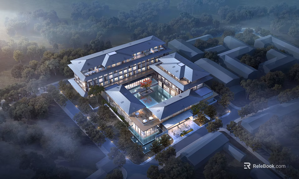 Modern Hotel Building Aerial View With Multi Storey Structure Surrounded by Trees Central Courtyard 3d model 