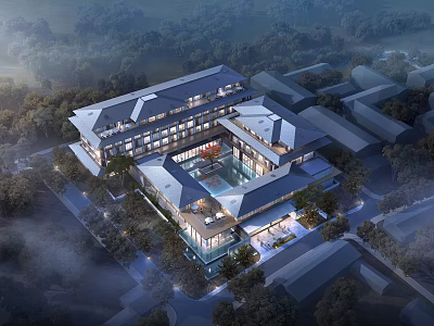 Modern Hotel Building Aerial View With Multi Storey Structure Surrounded by Trees Central Courtyard 3d model