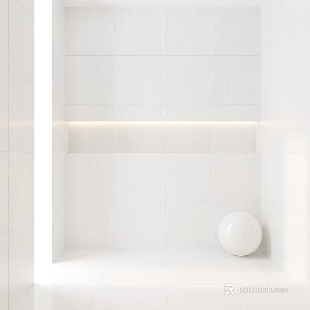 Minimalist White Interior With Tiled Wall Horizontal Light Strip And White Sphere 3d model 