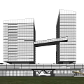 Modern Twin High Rise Office Building With Sky Bridge Glass Curtain Wall And Urban Surroundings