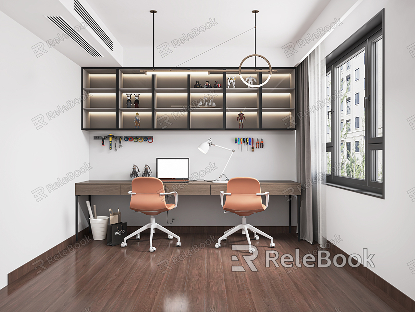 Modern Study Desk and Chair Writing Desk Bookcase Desk Lounge Chair Chandelier Decorative Cabinet model