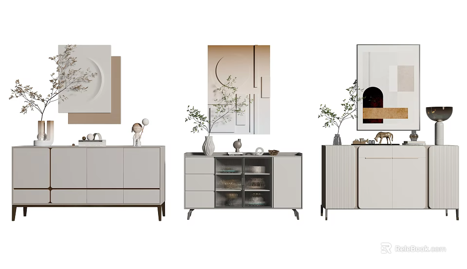 Modern Entryway Console Tables And Side Cabinets With Glass Doors Drawers And Decorative Plants 3d model 
