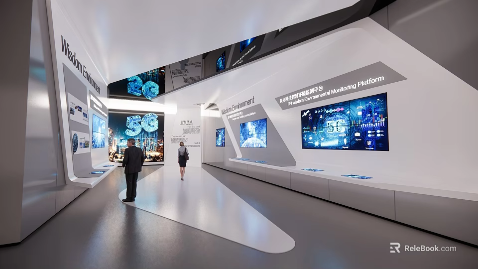 Modern Tech Exhibition Hall With Digital Screens Data Displays And Visitors 3d model