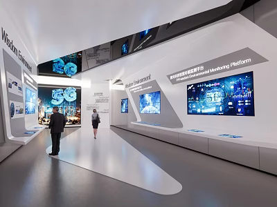 Modern Tech Exhibition Hall With Digital Screens Data Displays And Visitors 3d model