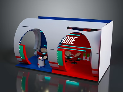 Commercial Exhibition Booth With HOME Branding Curved Design And White Red Blue Color Scheme 3d model