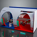 Commercial Exhibition Booth With HOME Branding Curved Design And White Red Blue Color Scheme
