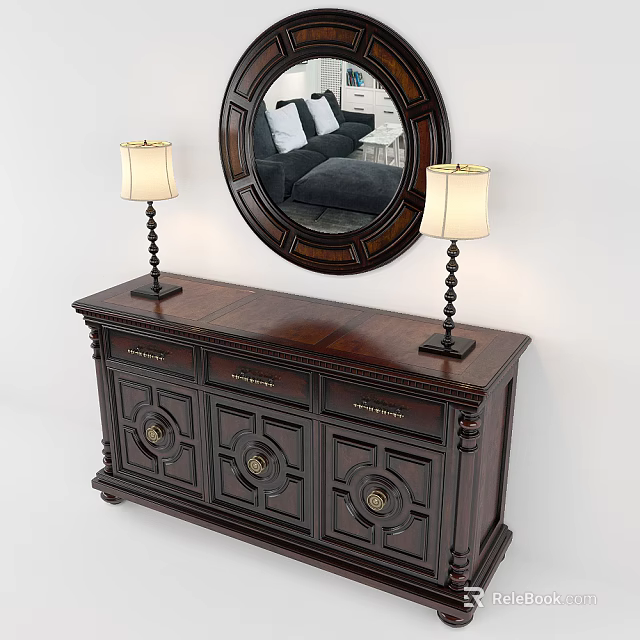 Dark Wood Entryway Console Table With Round Mirror Table Lamps And Reflected Sofa Pillows 3d model