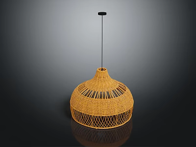 Plant Woven Rattan Pendant Light with Yellow Shade and Black Pole on Dark Background 3d model