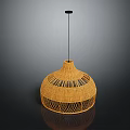 Plant Woven Rattan Pendant Light with Yellow Shade and Black Pole on Dark Background
