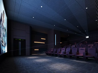 Modern Cinema Interior Design With Large Screen Purple Seats And Ambient Lighting 3d model