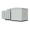 Industrial Electrical Transformer With Gray Enclosure Cooling Fins And Warning Labels