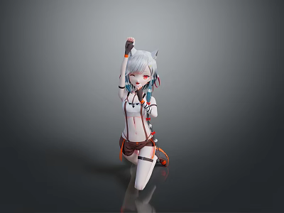 Cute Anime Style Child With Cat Ears In Kneeling Pose And White Decorative Outfit 3d model