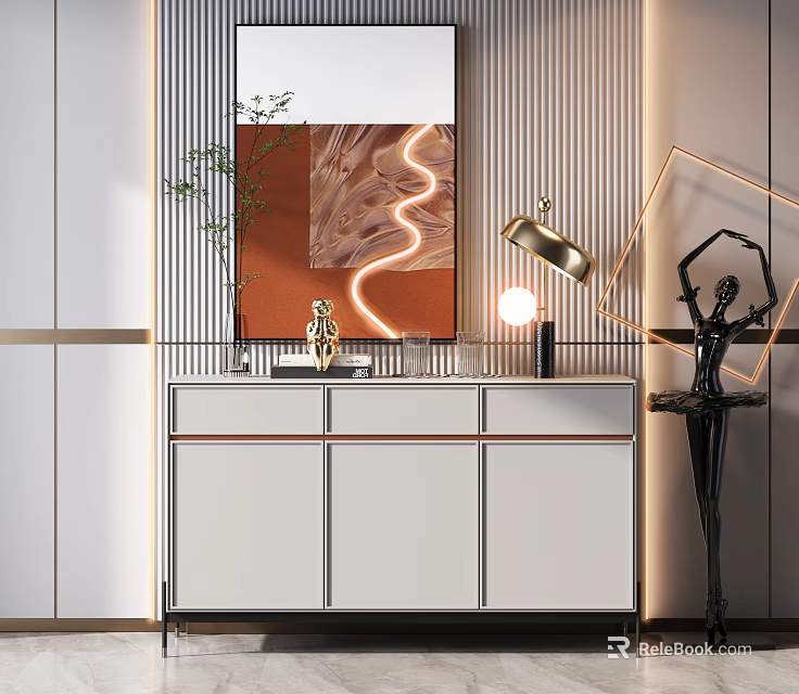Modern Entryway Cabinet And Sideboard With Decorative Mirror Lighting And Ornaments 3d model 