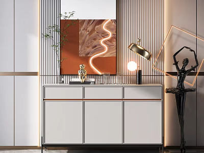 Modern Entryway Cabinet And Sideboard With Decorative Mirror Lighting And Ornaments 3d model