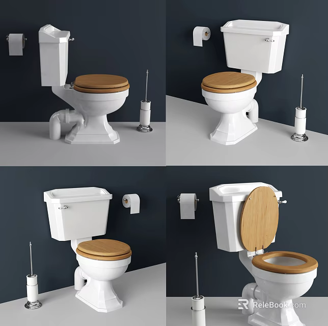 Modern White Toilet With Wooden Seat Toilet Brush And Paper Holder 3d model 