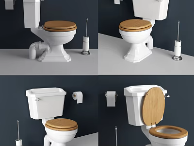 Modern White Toilet With Wooden Seat Toilet Brush And Paper Holder 3d model