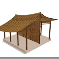 Ancient Architecture Traditional Design with Thatched Roof Wooden Pillars Veranda on Platform