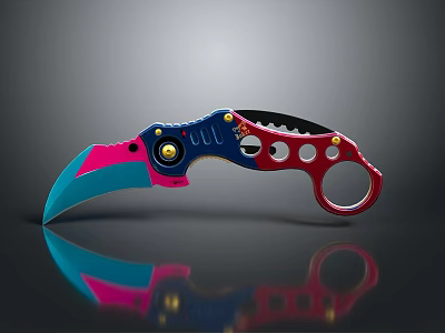 Tactical Karambit Knife With Curved Blade Ring Handle And Blue Pink Red Color Design 3d model