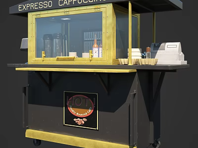 Mobile Commercial Coffee Kiosk With Espresso Cappuccino Machine Cash Register And Hot Sign 3d model